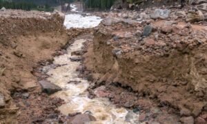 Mudslide erosion channel with rushing water showing how an elevation survey reveals flood risks