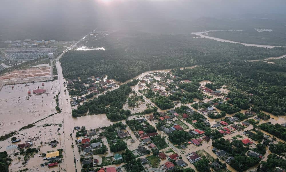 Aerial drone survey view of flooded residential area and terrain changes after heavy rain