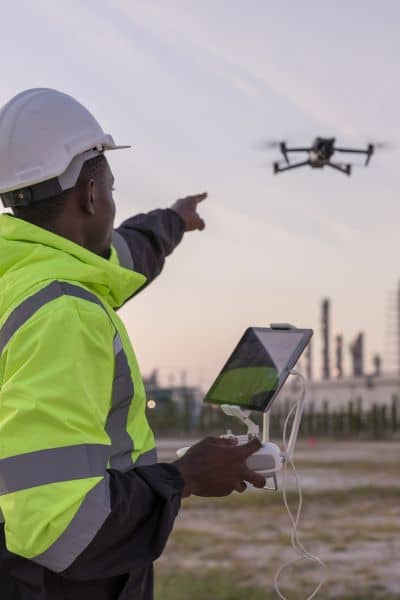 Licensed land surveyor operating drone to capture post-storm terrain and elevation data
