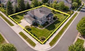 Aerial view of a residential corner lot with visible property boundaries and survey markings showing lot limits and usable space