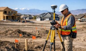 Professional land surveyor using GPS equipment on a residential development site, marking property boundaries with stakes during land surveying work