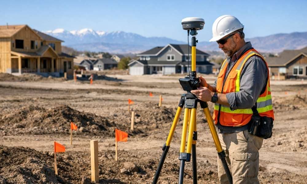 Land surveyor gps property survey - ALTA SURVEY Utah Professional land surveyor using GPS equipment on a residential development site, marking property boundaries with stakes during land surveying work