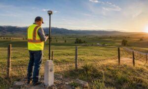 A cadastral surveyor uses GNSS GPS equipment to measure a rural property boundary overlooking farmland at sunset