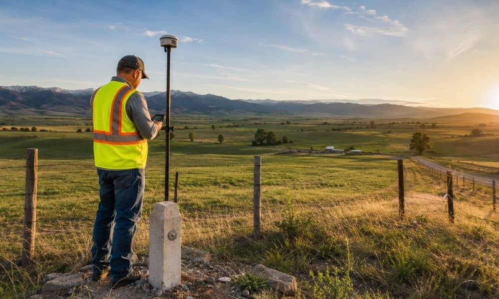 A cadastral surveyor uses GNSS GPS equipment to measure a rural property boundary overlooking farmland at sunset