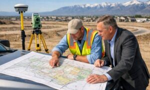 Surveyor and developer reviewing a survey mapping plan to confirm property boundaries and support future land development