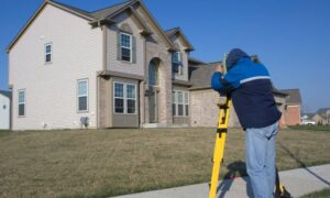 Land surveyor measuring a residential property in South Jordan Utah for a boundary line survey
