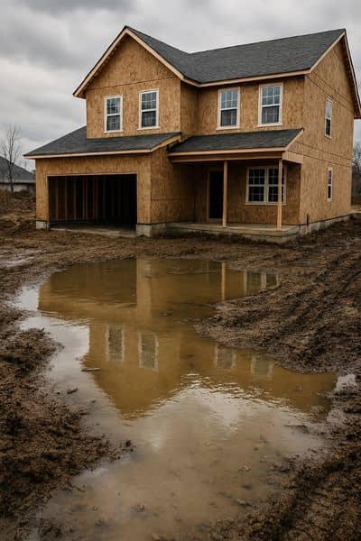 Construction site in Lehi with muddy ground and standing water near the foundation, illustrating problems that can happen without a topo survey.

