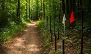 A forest trail with boundary survey flags and stakes marking property lines, highlighting the importance of boundary surveys in public access disputes.