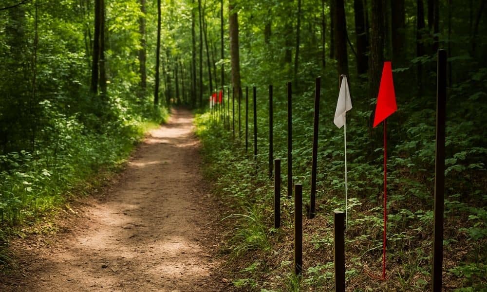 A forest trail with boundary survey flags and stakes marking property lines, highlighting the importance of boundary surveys in public access disputes.
