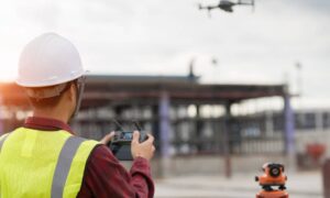Licensed surveyor operating drone at construction site - ALTA SURVEY Utah Licensed land surveyor using drone land surveying technology at an active construction site