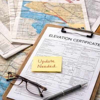 Survey paperwork and flood map documents showing why an elevation certificate may need to be updated
