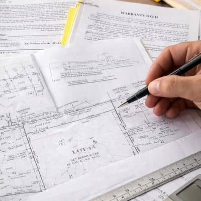 Printed survey plans and property documents on table - ALTA SURVEY Utah Printed survey plans and property documents reviewed during a title survey preparation process