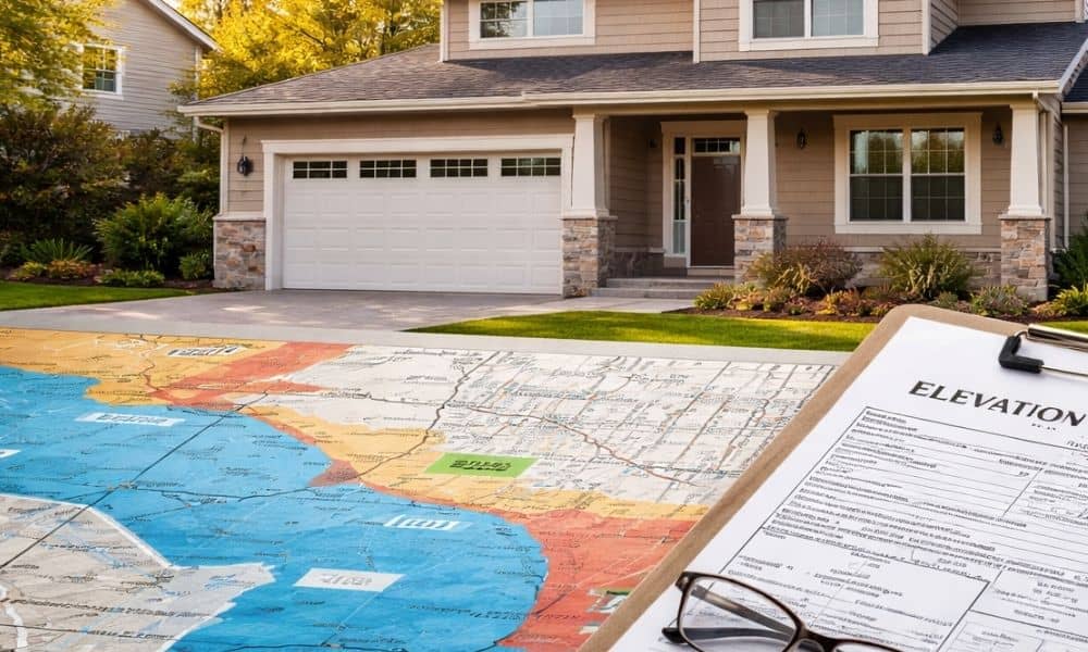 Updated flood map review showing a residential home and an elevation certificate used to confirm property risk