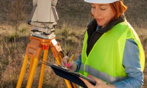 Surveyor reviewing documents and site notes before conducting a title survey