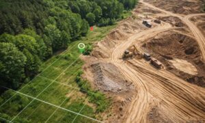 Drone land disturbance monitoring - ALTA SURVEY Utah Aerial mapping view showing excavation and land disturbance beside untouched forest area
