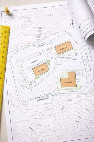 Land surveyor reviewing a topographic survey map for a development project