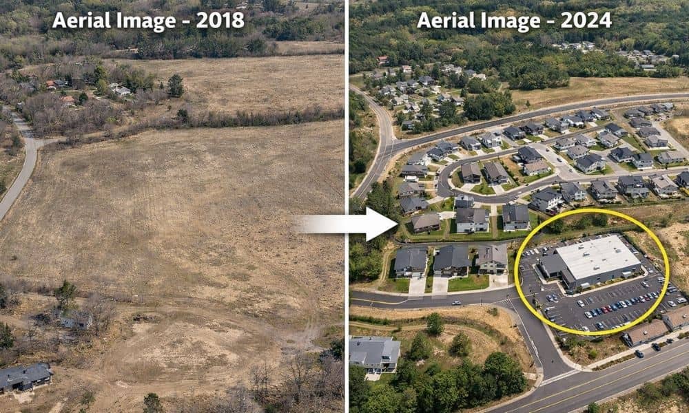 Side-by-side aerial imagery showing how a property and surrounding land changed over time with new homes and roads appearing