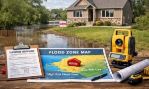 Suburban home flood assessment land survey - ALTA SURVEY Utah Residential home with surveying equipment and flood zone map showing potential risk, illustrating the purpose of an elevation certificate
