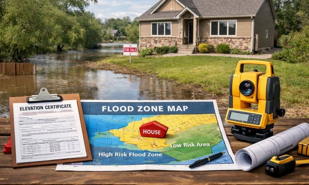 Residential home with surveying equipment and flood zone map showing potential risk, illustrating the purpose of an elevation certificate