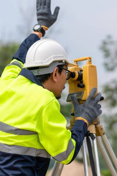 Licensed land surveyor using professional equipment to measure a property, illustrating the technical process behind an elevation certificate
