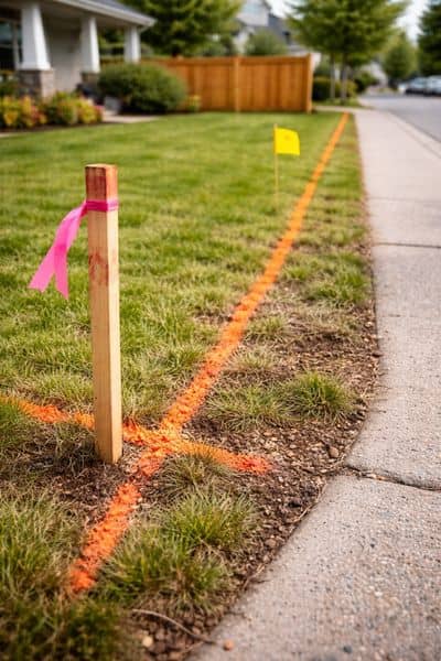 Survey markers and painted boundary lines on a corner lot showing how a land survey helps guide fence placement near a street