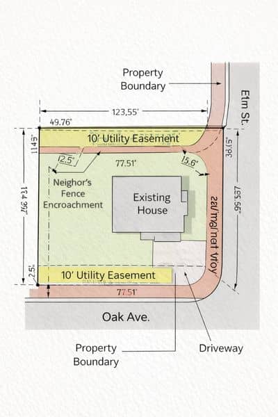 Property survey plan easements boundaries - ALTA SURVEY Utah Survey plan showing a corner lot with boundary lines, easements, and measurements highlighted to explain how a title survey identifies property limits and restrictions