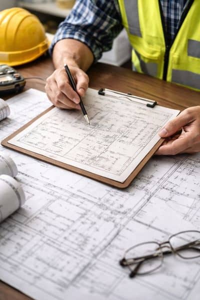 A licensed land surveyor reviewing property survey plans and maps to compare records with actual site conditions