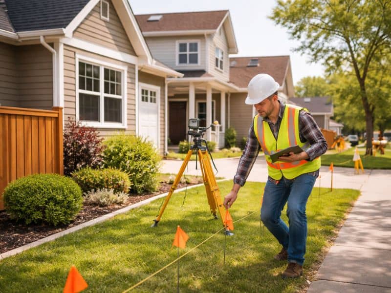 Surveyor performing a property line survey in a residential neighborhood to mark accurate boundaries