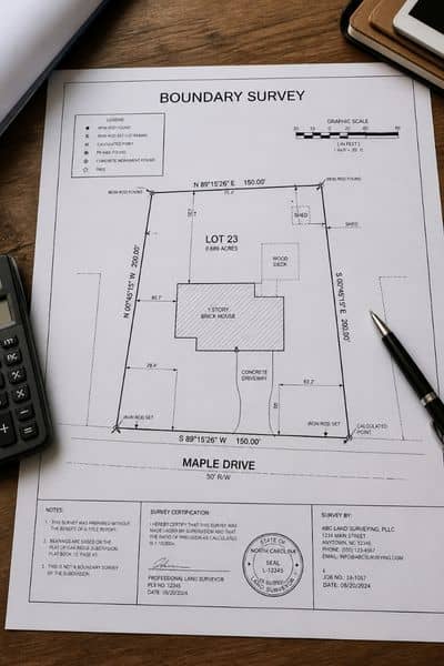 Land survey before buying a new home with a property boundary plan showing lot lines and measurements