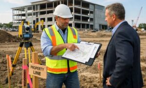 Licensed land surveyor reviewing property boundaries and survey plans with a developer at a construction site