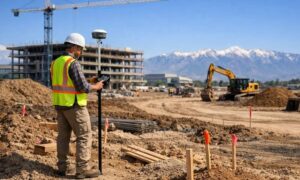 Land surveyor at commercial construction site - ALTA SURVEY Utah Land surveyor using GNSS GPS equipment on an active commercial construction site to support builders from planning through project completion
