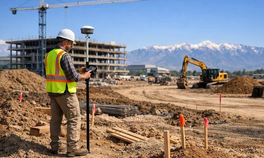 Land surveyor using GNSS GPS equipment on an active commercial construction site to support builders from planning through project completion