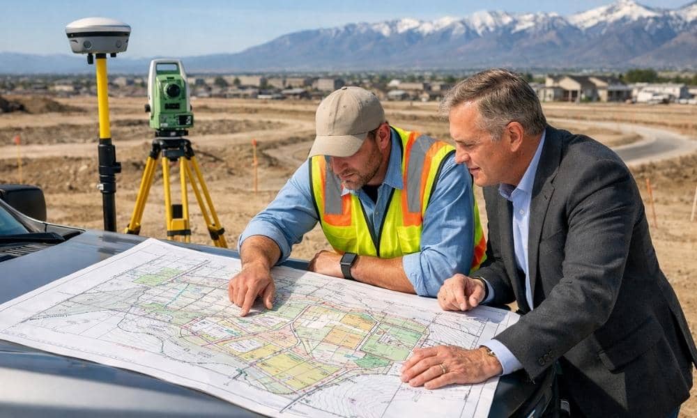 Surveyor and developer reviewing a survey mapping plan to confirm property boundaries and support future land development
