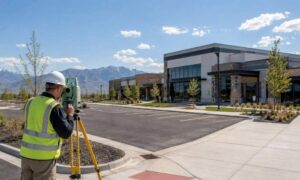 As built survey completed commercial development site - ALTA SURVEY Utah Land surveyor performing an as built survey on a completed commercial development site to verify finished construction details and create accurate project records