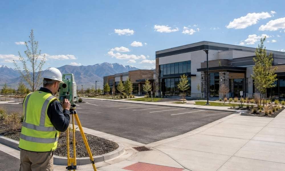 Land surveyor performing an as built survey on a completed commercial development site to verify finished construction details and create accurate project records