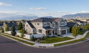 Aerial view of a corner-lot home in Lehi, Utah, for a house survey guide