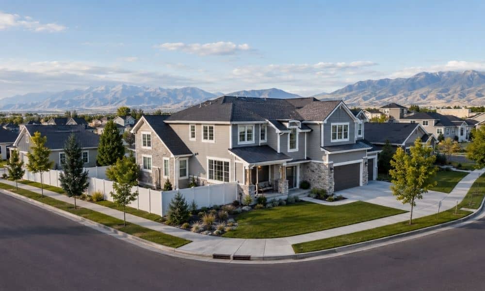 Aerial view of a corner-lot home in Lehi, Utah, for a house survey guide