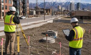 Local survey companies near me reviewing site measurements for a Salt Lake City construction project